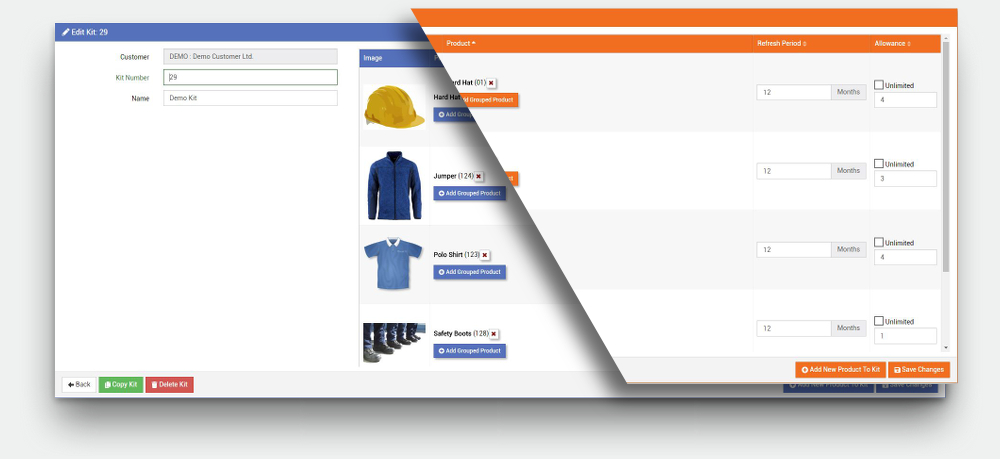 Screenshot, creating Uniform Kits in StaffPacks Software