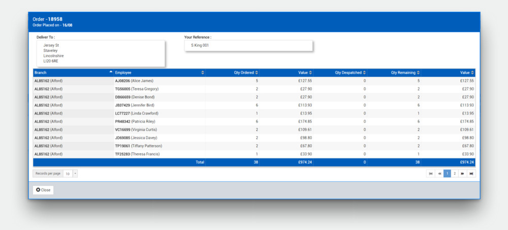 Screenshot, user entering an order into their StaffPacks Uniform Portal