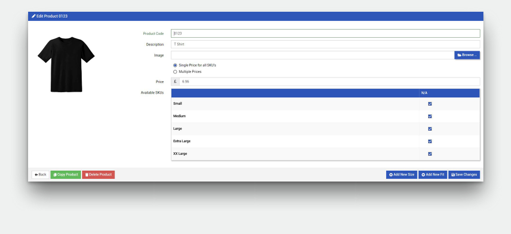 Screenshot, setting up a product in StaffPacks Uniform Management Software